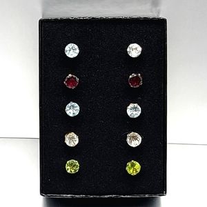 Topaz, Garnet, and Peridot Round Stud Earrings Set (5 Pairs)
